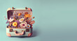 Suitcase filled with spring and summer flowers, pastel color, creative positive lifestyle, self care and traveling concept, generative AI