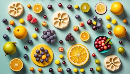 Sticker -  a variety of fruits are arranged on a blue surface, including oranges, raspberries, lemons, and grapes.  generative ai