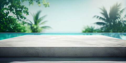 empty poolside surface with summer travel hotel swimming pool background. generative ai