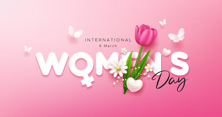 happy women's day with tulip flowers and butterfly banner design on pink background, eps10 vector il