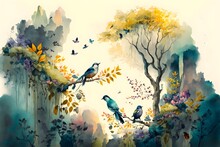 Digital Watercolor Painting, High Quality, Of A Forest Landscape With Birds, Butterflies And Trees, In Bright Colors And In A Consistent Style
