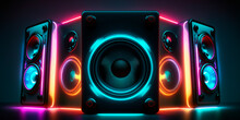 Illustration Of Neon Light Sound Speakers Music Boxes AI Generated Content