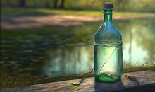  A Green Bottle With A Message Inside Sitting On A Bench.  Generative Ai