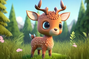 a cute adorable character  stands in nature in the style of children-friendly cartoon animation fantasy generative ai 3D style Illustration 	