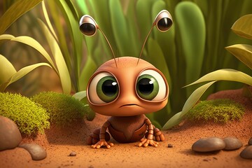 Wall Mural - a cute adorable ant character  stands in nature in the style of children-friendly cartoon animation fantasy generative ai 3D style Illustration 	