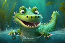 A Cute Adorable Baby Alligator Underwater In The Style Of Children-friendly Cartoon Animation Fantasy Generative Ai  	