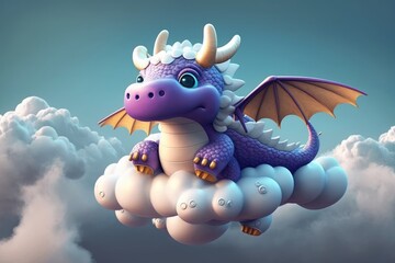 Poster - a cute adorable baby dragon character  in clouds in the style of children-friendly cartoon animation fantasy generative ai 3D style Illustration 	