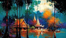 Paint Like Illustration Of Ancient Thai Style Temple With Nature Background, Generative Ai
