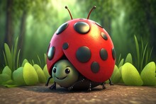 A Cute Adorable Ladybug Character  Stands In Nature In The Style Of Children-friendly Cartoon Animation Fantasy Generative Ai 3D Style Illustration 	