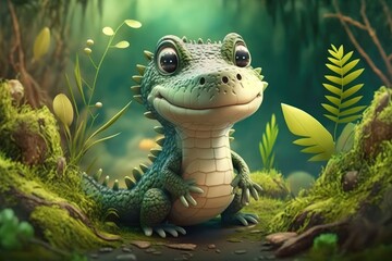 Wall Mural - a cute adorable crocodile character  stands in nature in the style of children-friendly cartoon animation fantasy generative ai 3D style Illustration 	