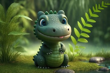 Wall Mural - a cute adorable crocodile character  stands in nature in the style of children-friendly cartoon animation fantasy generative ai 3D style Illustration 	
