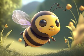 a cute adorable bee character  stands in nature in the style of children-friendly cartoon animation fantasy generative ai 3D style Illustration 	