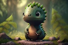 A Cute Adorable Dragon Character  Stands In Nature In The Style Of Children-friendly Cartoon Animation Fantasy Generative Ai 3D Style Illustration 	