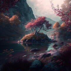 Wall Mural - A Magical Journey Illustrating a Fairytale Landscape with a Gorgeous Wooded Background and a Calming River Flowing Through It Generative AI