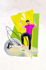 Sticker - Vertical collage portrait of positive cheerful mini guy listen music headphones stand huge cd disc disco ball isolated on creative background