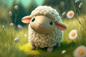 Wall Mural - a cute adorable sheep character  stands in nature in the style of children-friendly cartoon animation fantasy generative ai 3D style Illustration 	
