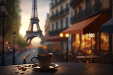 Coffee Cup In Front Of An Illuminated Street With The Eiffel Tower In The Background, Generative Ai