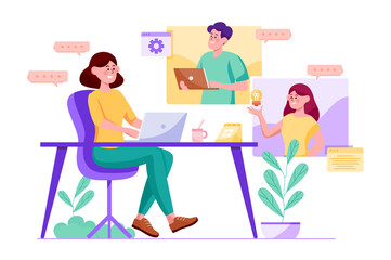 Poster - Video conference purple concept with people scene in the flat cartoon style. Supervisor communicates with her employee via video conference.