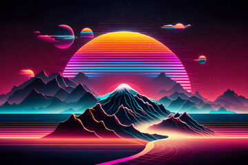 The futuristic retro landscape of the 80s. Illustration of the sun with mountains in retro style. Suitable for the design of the 80s style