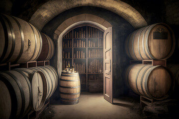 Wall Mural - Old Wooden barrels with wine in a wine vault cellar. Neural network AI generated art