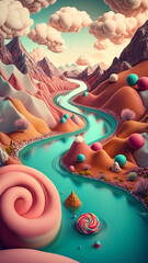 Wall Mural - Colorful dreamlike candy land with river and puffy clouds