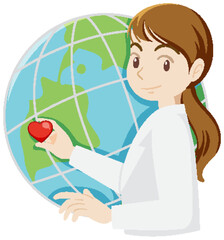 Sticker - Woman doctor holding mini heart ob globe background