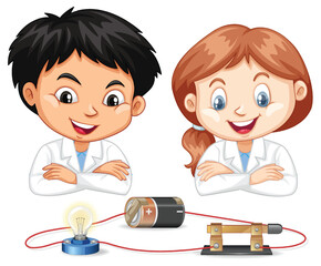 Wall Mural - Two kids with electric circuit with battery and lightbulb