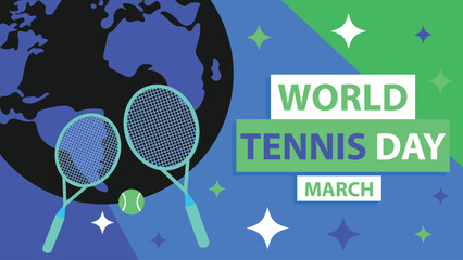 World Tennis Day holiday banner vector design celebrated every year in march. World Tennis Day background illustration with tennis rackets, ball icon with world globe and typography. green and blue.