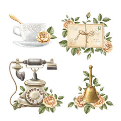 Set with vintage tea cup, letters, golden bell and telephone with roses and foliage isolated on white background. Watercolor hand drawn illustration sketch