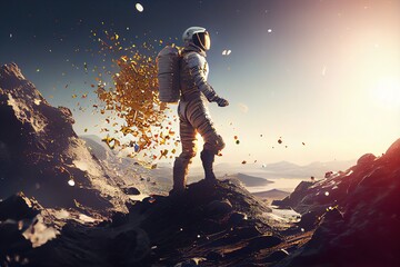 Poster - A man in a space suit standing on a rocky mountain with a sun in the background redshift render an ambient occlusion render space art