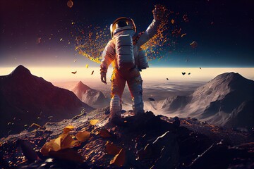 Poster - A man in an astronaut suit standing on a rocky surface with a mountain in the background redshift render a matte painting space art