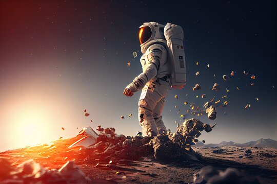 A man in a space suit walking on a rocky surface with a bright sun in the background redshift render an ambient occlusion render space art