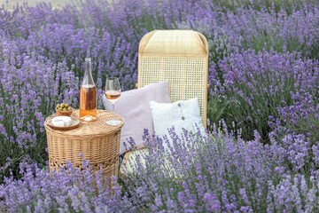 Glass of white wine in a lavender field. Violet flowers on the background.