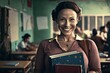 © Nataly - Portrait of graceful smiling female teacher in a school holding books in her hand. Blurred background, AI generative