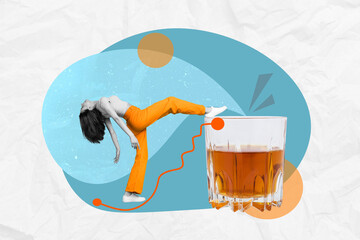 Sticker - Composite collage image of mini carefree girl step walk big alcohol whiskey glass isolated on drawing background