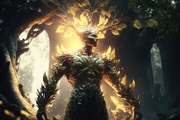 Poster - A man standing in a forest with a giant demon like creature on his back and arms outstretched cryengine concept art fantasy art