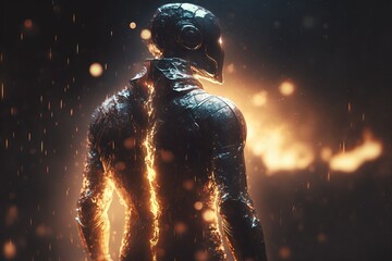 Poster - a man in a futuristic suit standing in the rain with his back to the camera cinematic 4k wallpaper c