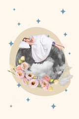 Sticker - Vertical collage photo artwork of young sleeping relaxed cute girl abstract levitating moon with flowers dreaming isolated on painted background