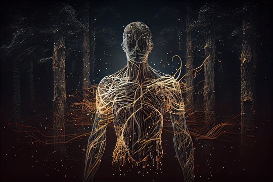 A man with a lot of branches in his body in the woods at night time biomechanical computer graphics generative art