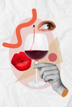 Collage Artwork Photo Of Woman Eyes Pouted Red Flirty Lips Drinking Alcohol Wineglass Natural Tasty Sauvignon Isolated On Painted White Background