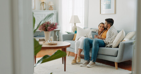 Poster - Couple, happy or tablet for communication, networking or social media app at home. Movie, video or love man and woman relax in living room streaming online, internet or website with smile in house