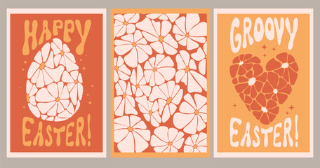 Wall Mural - Collection retro Easter posters. Easter egg and heart from daisy flowers. Vector Illustration retro groovy pattern with hand drawn Daisy Flowers. Aesthetic modern art. Hippie 60s, 70s, 80s style.