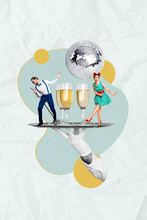 Composite Photo Collage Of Party Concept Woman Dancing Have Fun Festival Concert Water Plate Drink Champagne Singer Isolated On Gray Background