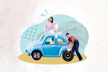 Canvas Print - Photo collage of advert service young repairman wear uniform changing tyre automobile fixing broken car woman waiting isolated on painted background