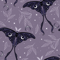 Wall Mural - Seamless magic vector pattern. Moon moth, herbs, stars. Bohemian fabric design. Contemporary composition.