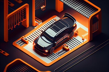 A car is parked on a parking lot in a futuristic city with orange and black colors isometric a 3d render deconstructivism