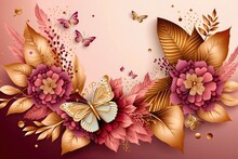 3d Wallpaper, Abstract Red Flower Butterfly, Decoration, Wall Art, Ai Generated