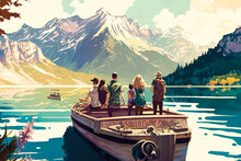 A Group Of Friends On A Boat, Enjoying A Sunny Day On A Calm Lake With Mountains In The Background, Illustration - Generative AI