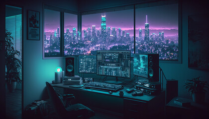 Wall Mural - a beautiful skyline view at night from retro futuristic home office with multiple computer screen, home working/gaming  location, ai generative illustration