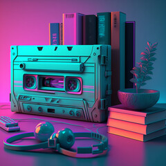 Wall Mural - a retro cassette still on the table, neon  colors, vaporwave mood 80s style, nostalgic, generative ai illustration